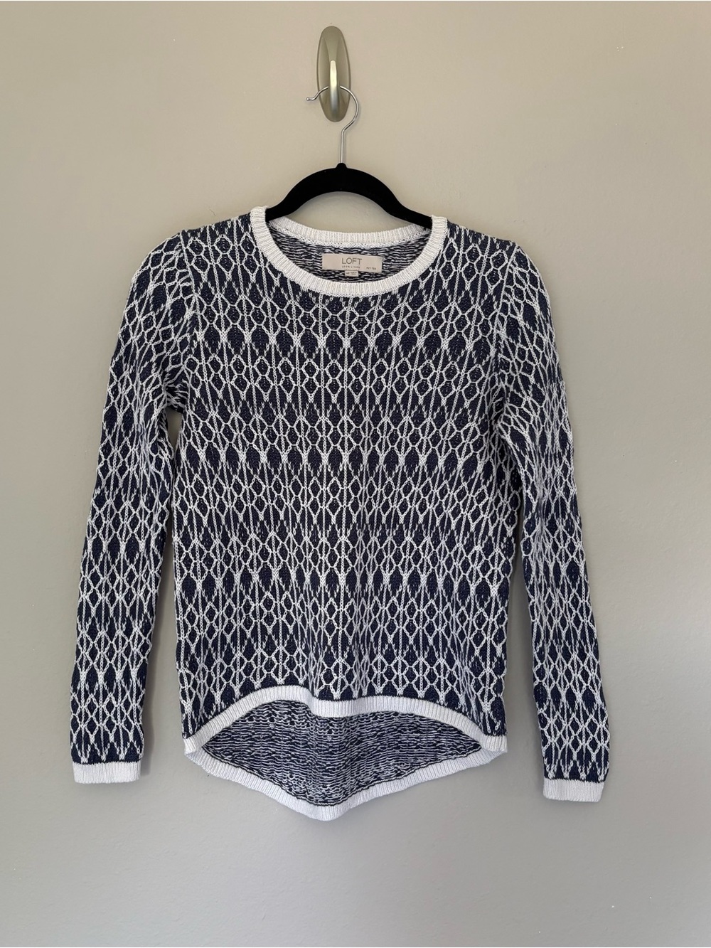 LOFT Navy White Geometric Weave 100% Linen Sweater Navy White Crew Neck MP